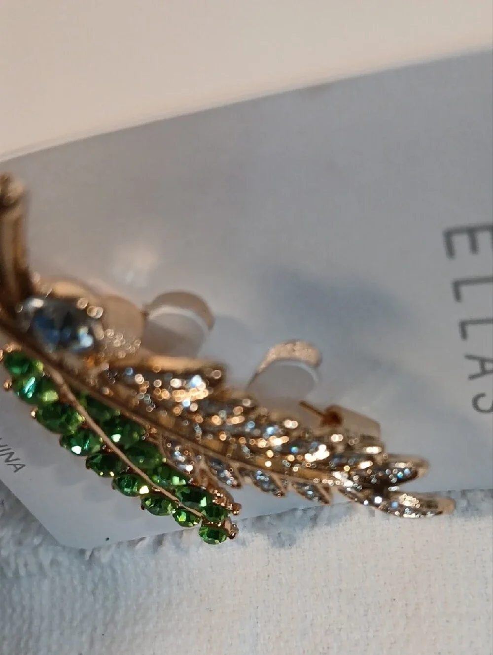 Ella Gold-Tone Leaf Brooch with Green and Clear Rhinestones